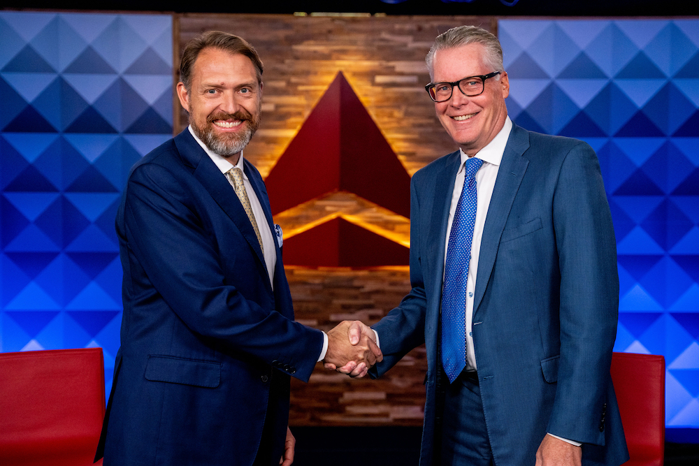 Joby Founder and CEO JoeBen Bevirt and Delta CEO Ed Bastian at Delta's Headquarters in Atlanta, GA